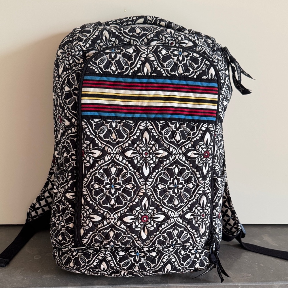 Vera Bradley Black and White Quilted Backpack with Signature Ribbon Zippers